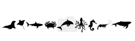 Illustration for Collection of vector silhouette of water animals on white background. Symbol of nature and ocean creatures. - Royalty Free Image
