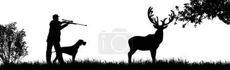 Téléchargez les illustrations : Silhouette vectorielle de chasseur avec chien chasseur cerf en forêt. Symbole de l'animal et de la nature. - en licence libre de droit