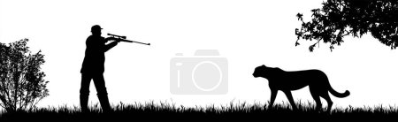 Téléchargez les illustrations : Silhouette vectorielle de braconnier chassant le guépard dans la nature sauvage. Symbole d'animal et d'Afrique. - en licence libre de droit