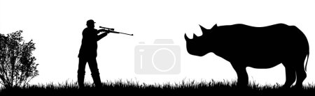 Illustration for Vector silhouette of poacher hunting rhinoceros in wild nature. Symbol of animal and Africa. - Royalty Free Image