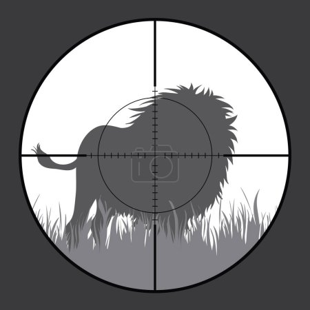Illustration for Vector silhouette of lion in rifle sight while hunting. The poacher watches his victim. African animal. - Royalty Free Image