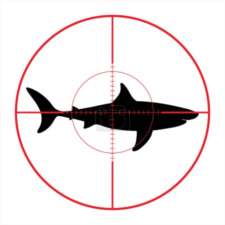 Illustration for Vector silhouette of shark in rifle sight while hunting. The ocean creatures in focus. - Royalty Free Image