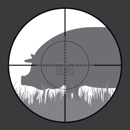 Illustration for Illustration of wild boar in rifle sight while hunting. The wild animal in focus of hunter. Process of hunting. - Royalty Free Image
