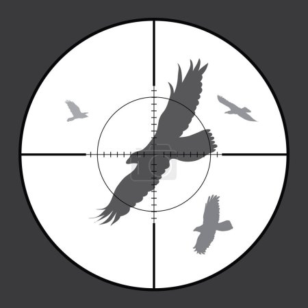 Téléchargez les illustrations : Illustration d'oiseau à vue de fusil pendant la chasse. L'animal sauvage au centre du chasseur. Processus de chasse. - en licence libre de droit
