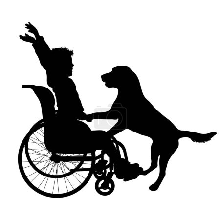 Illustration for Vector silhouette of a child sitting in a wheelchair with his dog on a white background. Symbol of pet and lifestyle. - Royalty Free Image
