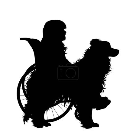 Illustration for Vector silhouette of a child sitting in a wheelchair with his dog on a white background. Symbol of pet and lifestyle. - Royalty Free Image