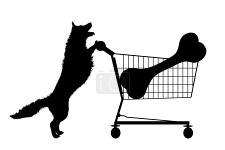 Téléchargez les illustrations : Silhouette vectorielle de chien pousser panier avec gros os sur fond blanc. Symbole de magasin accessoires et animalerie. - en licence libre de droit