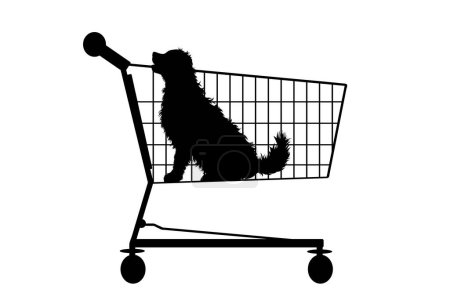 Téléchargez les illustrations : Silhouette vectorielle du chien à l'intérieur du panier sur fond blanc. Symbole d'accessoires pour animalerie et vente. - en licence libre de droit