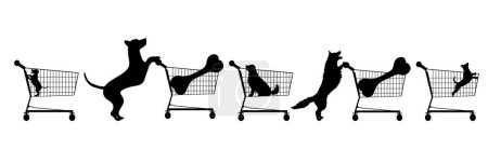 Téléchargez les illustrations : Ensemble de silhouettes vectorielles de chien avec panier sur fond blanc. Symbole d'accessoires pour animalerie et vente. - en licence libre de droit