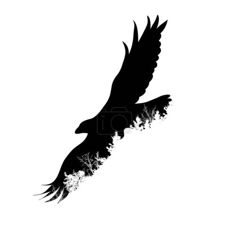 Téléchargez les illustrations : Silhouette vectorielle d'aigle volant avec forêt sur fond blanc. Animal sauvage, prédateur et symbole abstrait. - en licence libre de droit