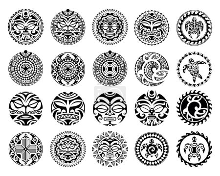 Téléchargez les illustrations : Ensemble de tatouage maori rond ornement avec des symboles solaires visage et swastika. Africain, maya, aztèque, ethnique, tribal. Noir et blanc - en licence libre de droit