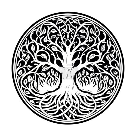 Árbol celta de la vida decorativo Adorno vectorial, Artes gráficas, trabajo de punto. Grunge vector ilustración de los mitos escandinavos con la cultura celta.