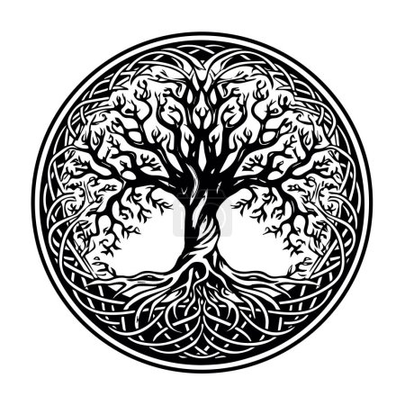 Árbol celta de la vida decorativo Adorno vectorial, Artes gráficas, trabajo de punto. Grunge vector ilustración de los mitos escandinavos con la cultura celta.