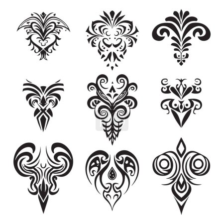 Ilustración de Colección de tatuajes tribales conjunto tótem de tatuaje maorí Vector diseño de ilustración. Blanco y negro. Para el catálogo del estudio del tatuaje - Imagen libre de derechos