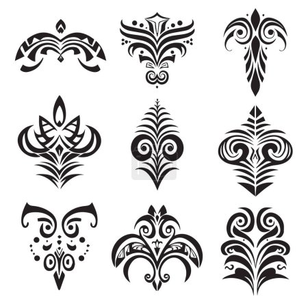 Stammes-Tattookollektion Set Maori-Tätowiertotem Vector Illustration Design. Schwarz-Weiß. Für Katalog des Tätowierstudios