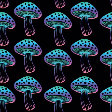 Seamless pattern. Vector flat fly agaric mushroom black background. amanita. psychedelic colors
