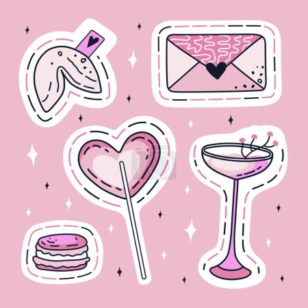 Illustration for St. Valentine's day! Set of valentine's stickers. Clip art with a love letter, fortune cookie, lollipop, cocktail, and macaroon. Hand-drawn vectors. - Royalty Free Image