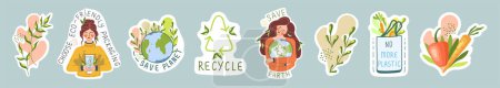 Illustration for Ecological sticker pack. Environment protection, sustainability concept. Slogans: save earth, use your bag, no plastic. Modern girls. Reuse. Recycle. Vector illustration. - Royalty Free Image