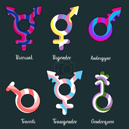 Illustration for Set of flat pride month LGBTQ symbols. Colorful gender icons. - Royalty Free Image