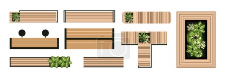 Illustration for Top view elements for the landscape design plan. Trees and benches for architectural floor plans. Entourage design. Various trees, bushes, and shrubs. Vector illustration. - Royalty Free Image