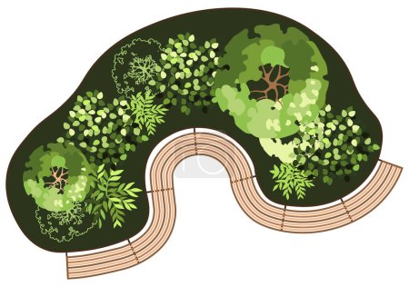 Illustration for Top view of a bench for the architectural landscape plans. Bench with trees and greens. Entourage design. Vector. - Royalty Free Image