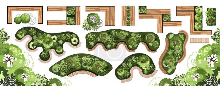 Illustration for Top view elements for the landscape design plan. Trees and benches for architectural floor plans. Entourage design. Various trees, bushes, and shrubs. Vector illustration. - Royalty Free Image