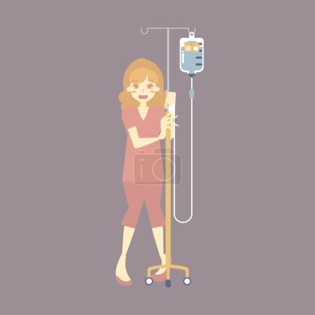 triste mujer paciente sosteniendo IV (intravenoso) soporte con sangre, solución salina bolsa de goteo, cirugía, concepto de cuidado de la salud, vector plano ilustración carácter dibujos animados diseño
