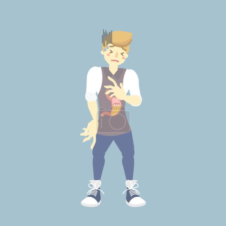 Mann mit Sodbrennen Magen Keim gastroösophageale Säure Reflux-Krankheit Gesundheitswesen Konzept, flache Vektor Illustration Cartoon-Charakter-Design