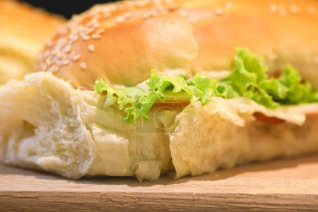 Photo for Bread sandwiches with sesame seeds, turkey breast, mozzarella cheese, lettuce, tomatoes and seasoned mayonnaise - Royalty Free Image