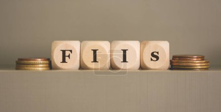 Téléchargez les photos : L'acronyme FIIs est écrit sur des cubes de bois et des pièces de monnaie sur fond gris. Studio photo. - en image libre de droit