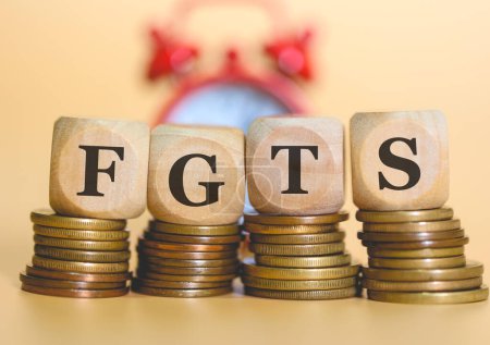 Acronym FGTS written on wooden cubes and piles of coins. Studio photo.