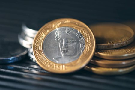 Photo for Brazilian coins on dark background, close-up - Royalty Free Image