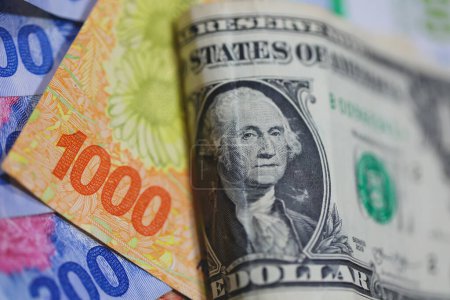 Argentine peso bills and United States dollar bills. Economy and finance.