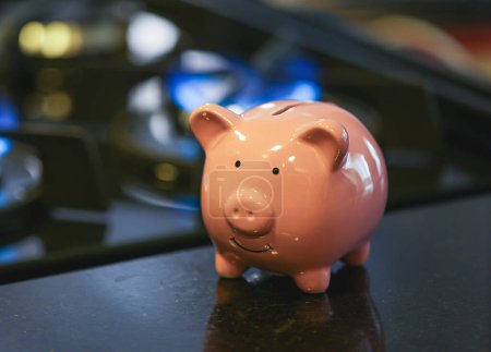 Photo for Cute piggy bank on gas stove close-up view - Royalty Free Image