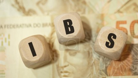 Abkürzung IBS für Tax on Goods and Services in brasilianischem Portugiesisch, geschrieben auf Holzwürfel