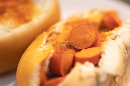 Téléchargez les photos : Hot dog à la brésilienne avec sauce tomate et saucisse coupée en tranches. - en image libre de droit