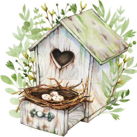 Empty wooden birdhouse with nest and eggs. Spring Flowers and twigs for home comfort. Easter and summer decor. Hand drawn watercolor illustration isolated on white background close-up.