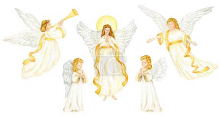 Photo for Christmas angels set watercolor illustration, Christian Nativity angel with wings isolated on a white background, design for religious baptism invitation, greeting card. - Royalty Free Image
