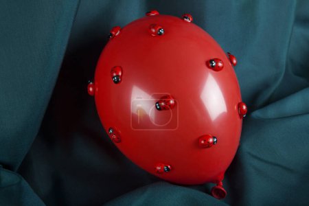 Foto de Una invasión de numerosas mariquitas en un globo inflable rojo con un fondo de cortina verde. Fotografía de bodegón de color mínimo. - Imagen libre de derechos
