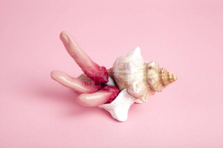 Photo for Fingers snatched from a corpse emerging from a conch shell. Surprisingly, offbeat, even absurd composition. Minimal colors still life photography - Royalty Free Image