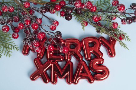 Photo for A glossy red plastic Christmas ornament featuring a text saying merry xmas. A branch of holly with its red berries framing the top of the photo. Blue background. Minimalist, trendy still life photography. - Royalty Free Image