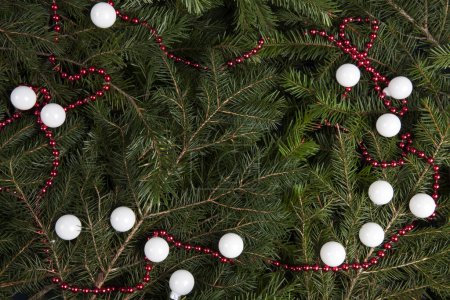 Téléchargez les photos : Zoom sur un tas de branches de sapin avec un cadre de guirlande de perles rouge vif et de nombreux Noël boule rouge et blanc. Texture pour ressource graphique - en image libre de droit
