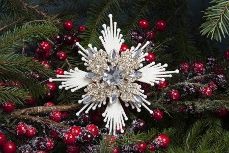 Téléchargez les photos : Une étoile de flocon de glace, une décoration d'arbre de Noël, entourée de branches de sapin et d'une branche de houx recouverte de neige avec des baies rouges. - en image libre de droit