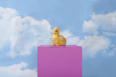 Photo for A plaster duck on a pink cube in front of a blue sky with clouds.Minimal still life photography - Royalty Free Image