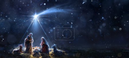 Téléchargez les photos : Nativity Of Jesus With Comet Star - Scene With The Holy Family In Snowy Night And Starry Sky - Abstract Defocused Background - en image libre de droit