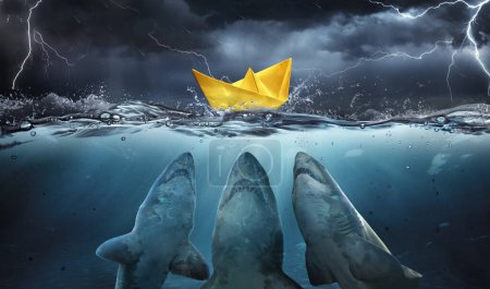 Photo for Paper Boat At Risk Whit Sharks In Water And Sea In Storm - Royalty Free Image