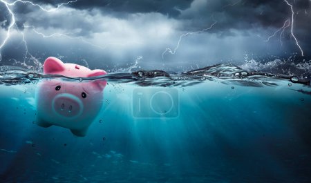Photo for Piggy Bank At Risk To Drowning In Debt - Crisis Financial Banking Concept - Contain 3d Rendering - Royalty Free Image