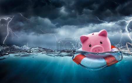 Photo for Rescue Savings and Banking Insurance Concept - Piggy Bank At Risk To Drowning In Debt - Contain 3d Rendering - Royalty Free Image
