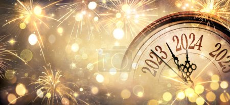 Téléchargez les photos : 2024 Nouvel An - Horloge et feux d'artifice dorés - Compte à rebours jusqu'à minuit - Résumé fond déconcentré - en image libre de droit