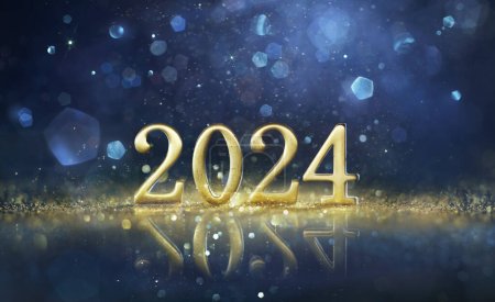 2024 Święto Nowego Roku - Złota liczba z brokatem w Błękitną Wigilię w abstrakcyjnym świetle rozproszonym